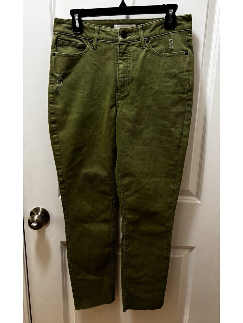 LC Lauren Conrad High Rise Skinny Ankle Jeans Green Distressed Raw Hem Women’s